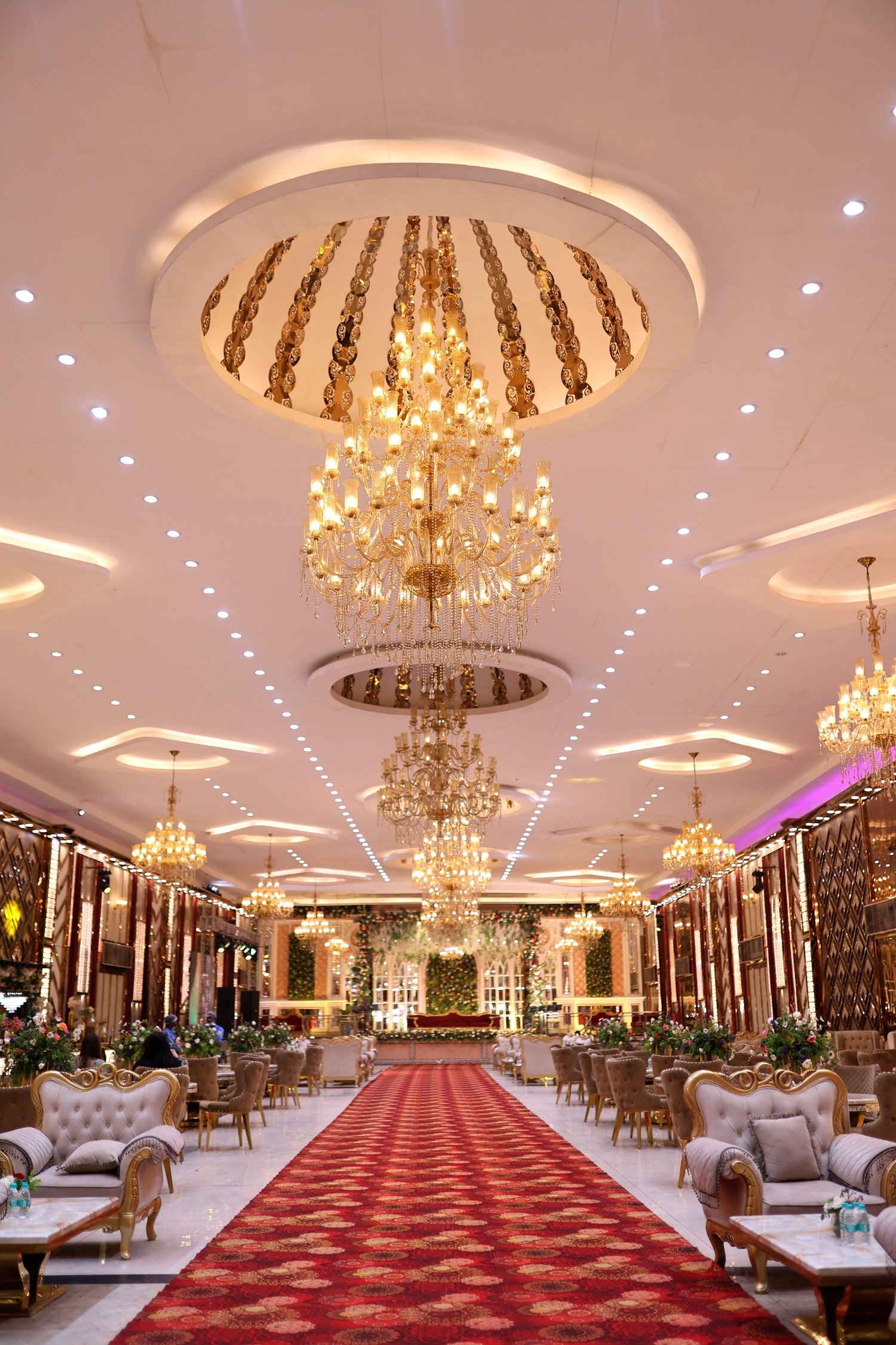 An elegant decorated hall prepared for a nikah ceremony